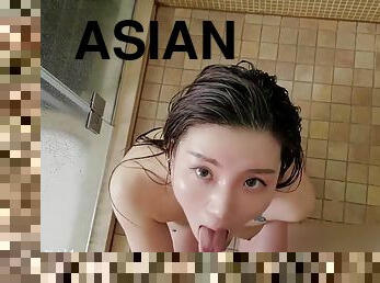 asiatisk, bad, amatör, brudar, avsugning, cumshot, tonåring, japansk, creampie, pov