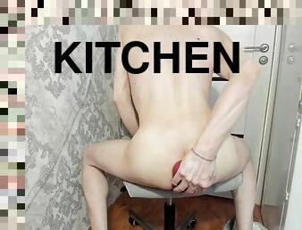 A hot young guy in his kitchen shows off his big anal prolapse after a sports session for his development