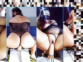 amador, mulher-madura, bbw, langerie, cavalgando, dildo, rabo, sozinho, cowgirl, buraco-velho