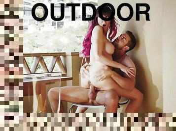 Outdoor Balcony Sex Fantasy - Amazing Redhead MILF Gets Pounded Hard - Big fake tits