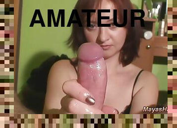 énorme, amateur, fellation, ejaculation-sur-le-corps, branlette, point-de-vue, femme-habillée-mec-nu