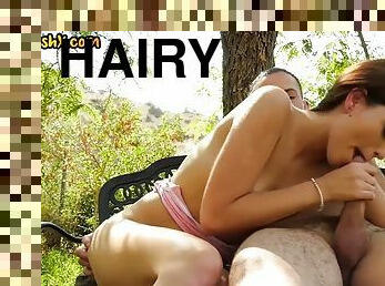 Hairy pussy teen deepthroats big white cock outdoors before pussy fucking