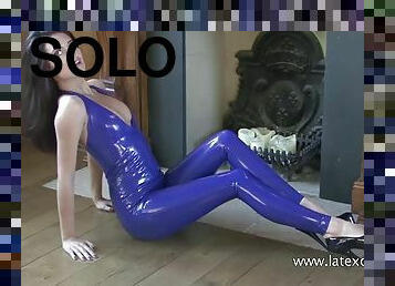 Lara: blue latex halterneck catsuit