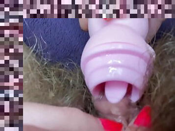 Testing Pussy Licking Clit Licker Toy Big Clitoris Hairy Pussy In Extreme Closeup Masturbation 12 Min