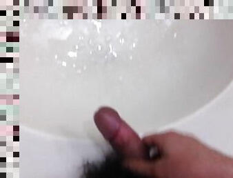 Asian uncut cock jerk off and cum on bathroom sink
