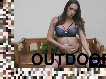 TSPlayground - Hot brunette Sabrina Andrade wanks her cock outdoors