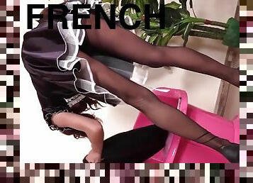 femme-de-ménage, collants, massage, française, pieds, bout-a-bout, fétiche, solo