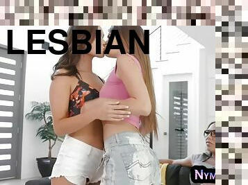 Lesbian sapphic threesome with busty MILF and shy petite teen