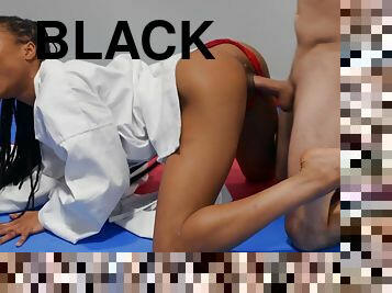 A foot-loving white guy fucks a sexy black girl in a red thong.
