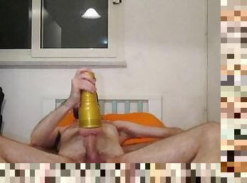Young man jerking off his cock fucking Fleshlight on bed (solo male fleshlight- fleshlight fuck)