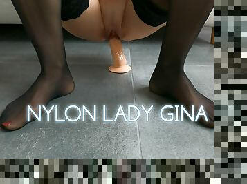 Nylon Lady Gina, dildo ride black nylon feet  