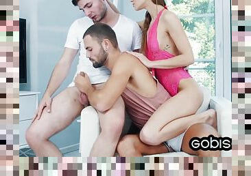 Bi anal lovers enjoy pounding a nympho slut in a threesome