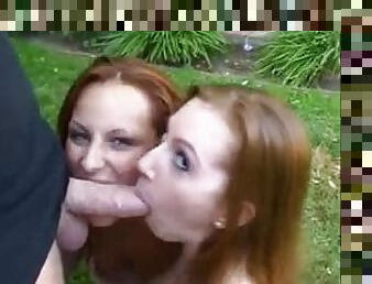 Cock sucked by sexy redheads outdoors
