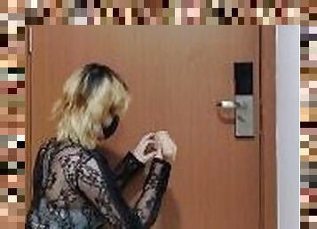Chinese crossdresser masturbates behind the door