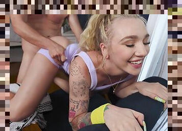 Kendra Sunderland smiles while getting her wet cunt drilled