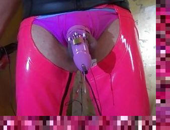 Cum milking in pink chastity with e-stim