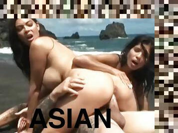 asiatisk, storatuttar, bröstvårtor, cumshot, milf, hardcore, strand, trekant, rumpa-butt, cowgirl