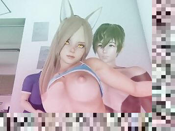 esposa, amador, casal, a-três, cozinha, namorada, anime, hentai, 3d, buraco-velho