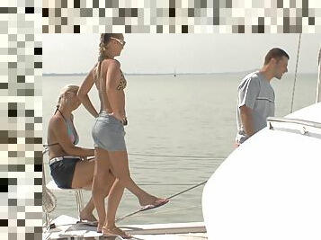 Bitches share dicks and swap partners during boat trip foursome