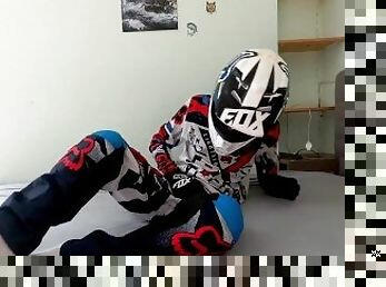 Blond Teen boy jerk off in Fox MX gear in cum on helmet