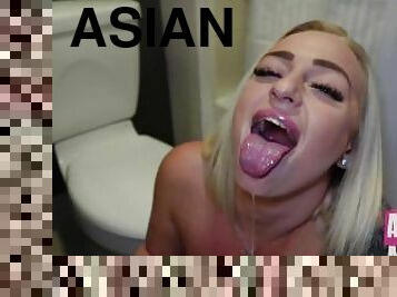 BLONDE PLAYMATE MAKES ASIAN GUY CUM AGAIN IN BATHROOM