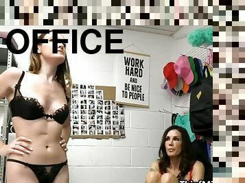 Beautiful brunettes sharing the guards cock in the office