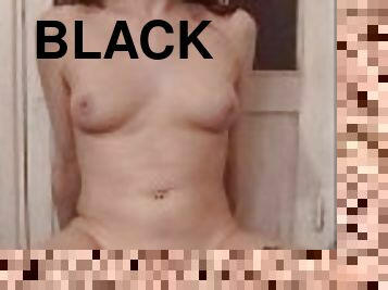 Trans slut riding realistic black dildo