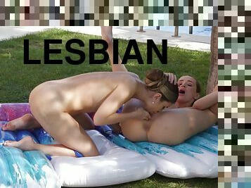 Lesbian sex near the pool from hot Kaisa Nord and Mary Rock