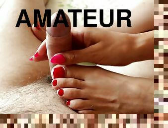 Footjob Red Toenails Cum On Sexy Feet