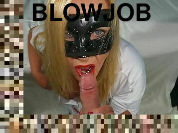 Stunning blue eyed blonde Nurse Candy Butte gives amazing deepthroat blowjob and swallows cum.