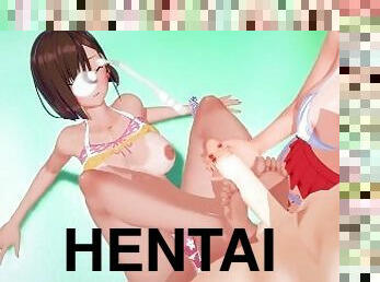 tinilány, kemény, puncibaélvezés, tengerpart, hármasban, láb, anime, hentai, 3d, fétis