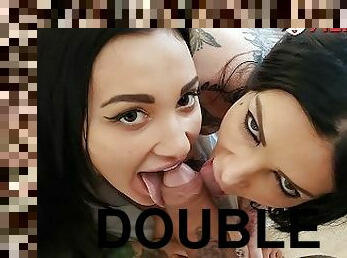 Adel Asanti and Megan Inky Double Blowjob and Cumswap