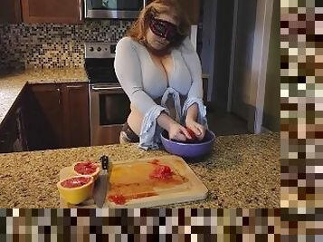 Slicing and crushing Food and RUBBING it into MY BIG MILF TITS
