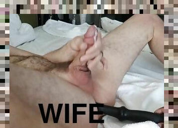 Wife pegs his ass with 8 inch dildo until he cums!
