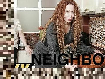SHAME4K. Curly redhead with big tits sucks neighbors cock in the kitchen