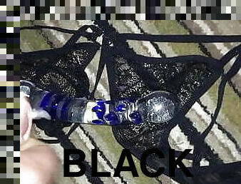 Cum black bra &amp; glass dildo