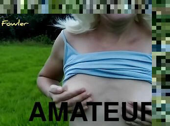 en-plein-air, écolière, amateur, milf, point-de-vue, blonde, solo, petits-seins