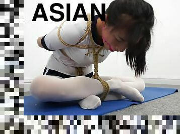 asiatique, japonais, bdsm, bas, fétiche, solo, bondage, en-nylon