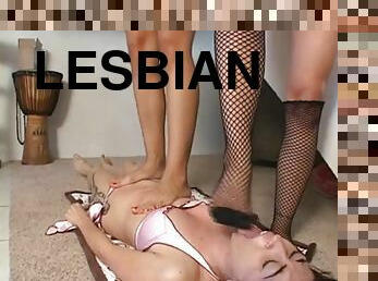 Trampling, foot fetish, brunette, feet, lesbian
