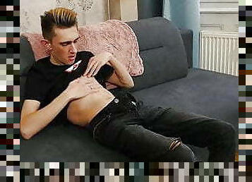 Skinny blonde twink Andy Ford jerking off his massive dick