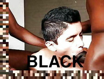 Latino twink gets two giant black cocks