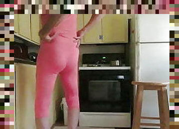 Male slut bitch in skin-tight leggings has a fem ass.