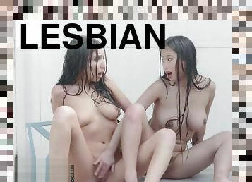 Two big tit wet lesbians rub their teen pussies in the rain - BABES