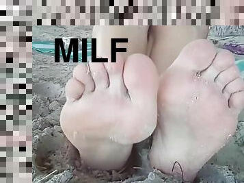 di-luar, matang, milfs, pantai, kaki, fetish, mengusik