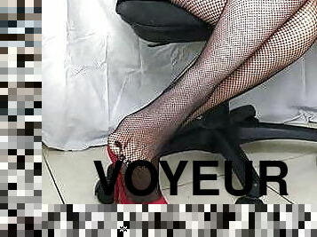 ados, cam, voyeur, bas, résille, fétiche, bisexuels, branlette-avec-les-pieds, brunette, en-nylon