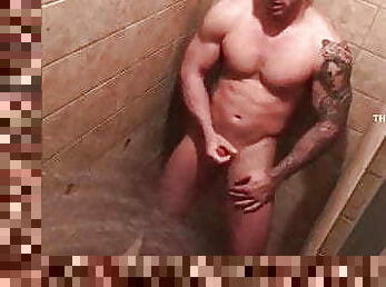 bañando, masturbación, polla-enorme, gay, webcam, americano, ducha, musculada