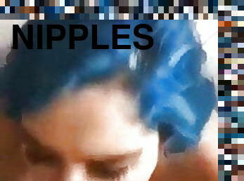 Blue Hair Pierced nipples 