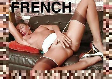 Classy French Milf wanks in lingerie garters heels nylons