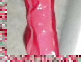 Red pvc thigh boots cumshot