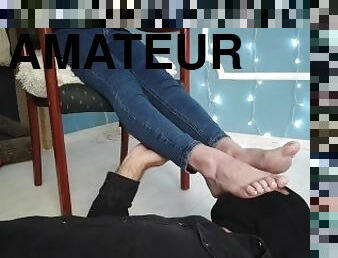 amateur, esclave, pieds, fétiche, jeans